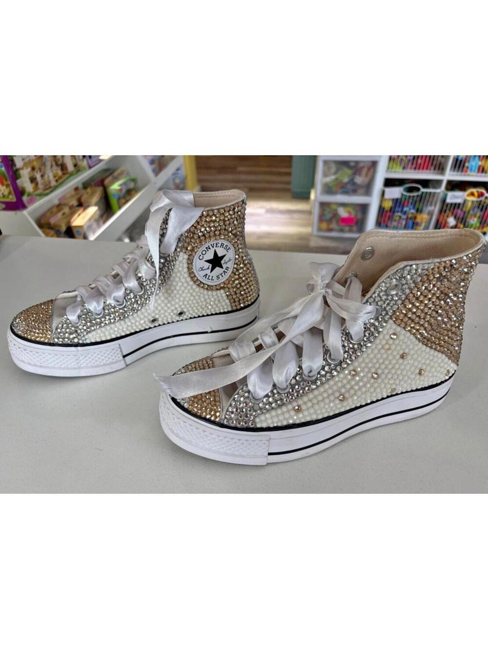 Full bling converse all star platform high top sneakers gold and silver size 6.5